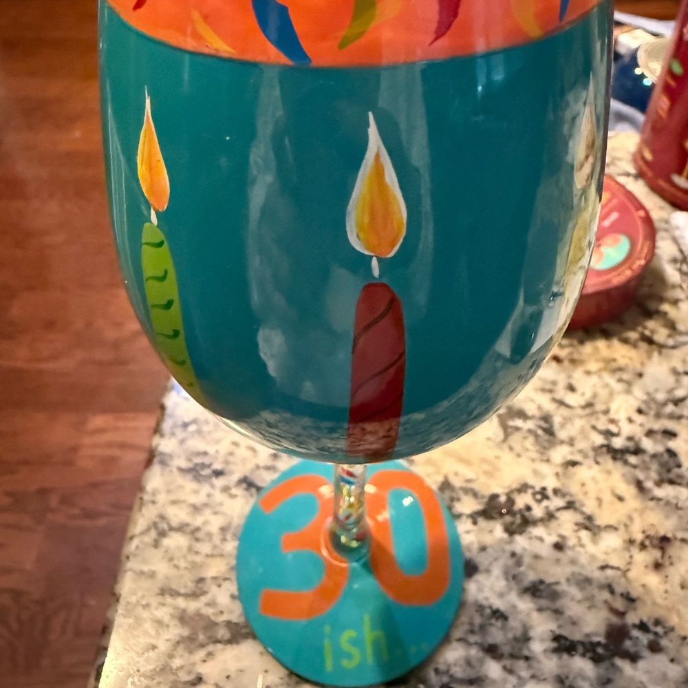 Lolita Teal Wine Glass with Multicolored Candle Design “30ish”